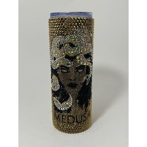 Medusa Rhinestone Bling Tumbler Gold Black Crystal Insulated Travel Cup Lid